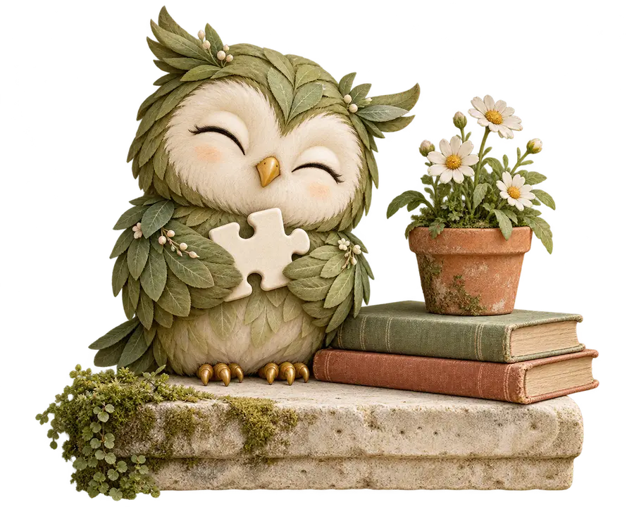 The leafy Riddleaf owl enjoying a quiet moment with books, a puzzle piece and daisies.